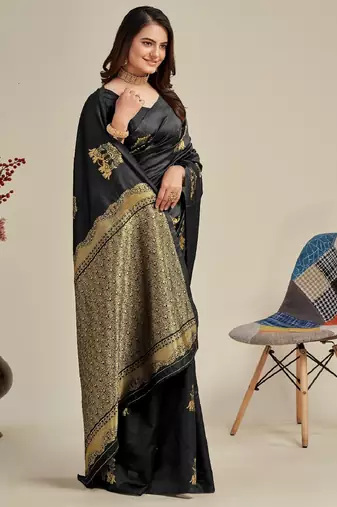 Black silk blend banarasi saree with unstitched blouse piece