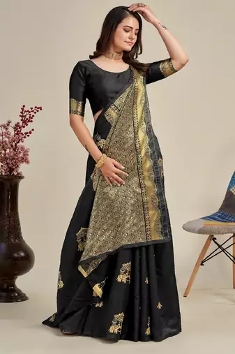 Black silk blend banarasi saree with unstitched blouse piece