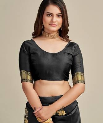 Black silk blend banarasi saree with unstitched blouse piece 5