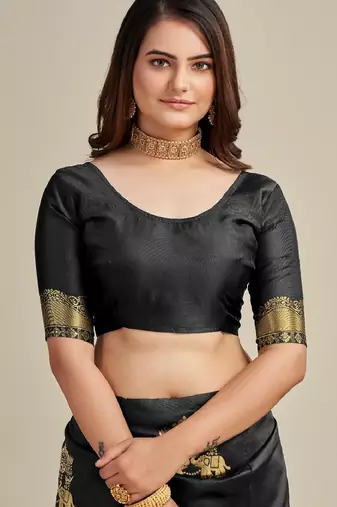 Black silk blend banarasi saree with unstitched blouse piece