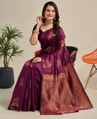Purple silk blend banarasi saree with unstitched blouse piece 1