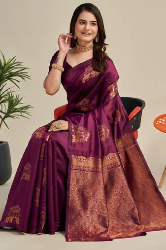 Purple soft silk blend banarasi jacuard work designer party wear saree with unstitched blouse piece