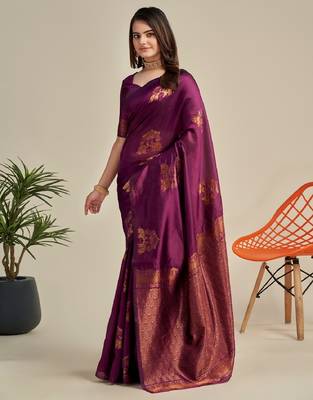 Purple silk blend banarasi saree with unstitched blouse piece 2