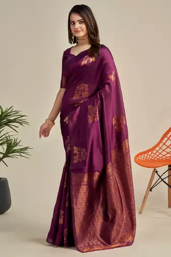 Purple silk blend banarasi saree with unstitched blouse piece