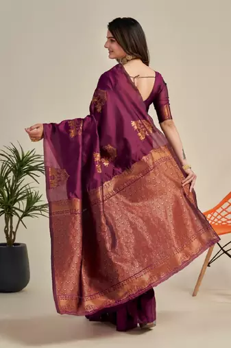 Purple silk blend banarasi saree with unstitched blouse piece