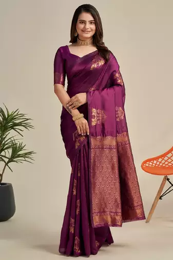 Purple silk blend banarasi saree with unstitched blouse piece