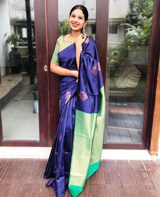 Blue green silk blend banarasi saree with unstitched blouse piece 2