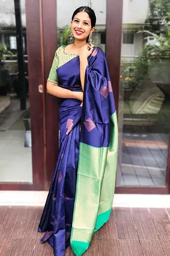Blue green silk blend banarasi saree with unstitched blouse piece