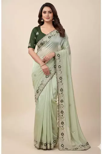 light green embroidery work organza saree