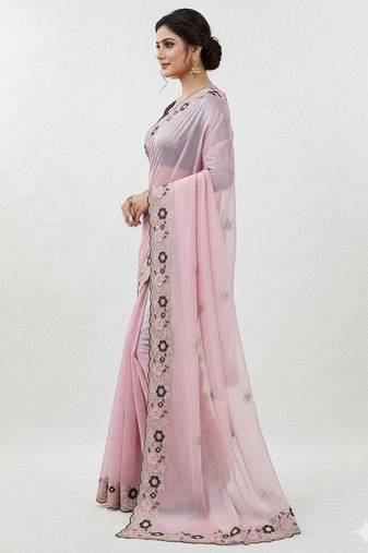 light pink embroidery work organza saree