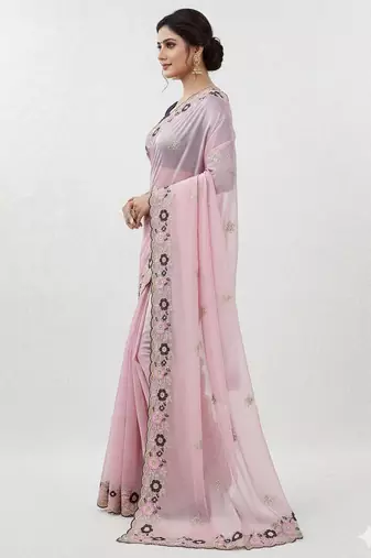 light pink embroidery work organza saree