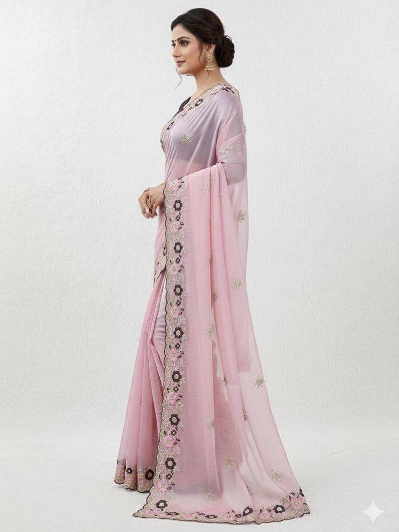 light pink embroidery work organza saree