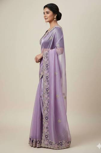 lavender embroidery work organza saree