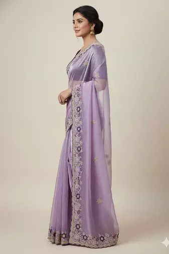 lavender embroidery work organza saree