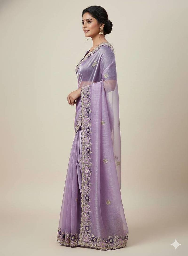 lavender embroidery work organza saree