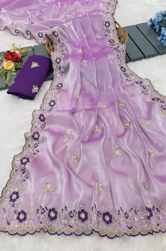 lavender embroidery work organza saree