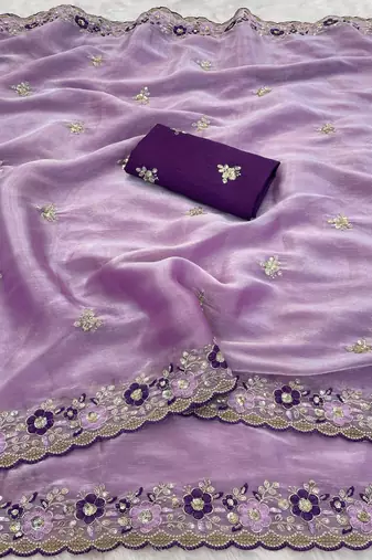 lavender embroidery work organza saree