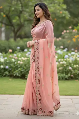 peach embroidery work organza saree