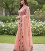 peach embroidery work organza saree