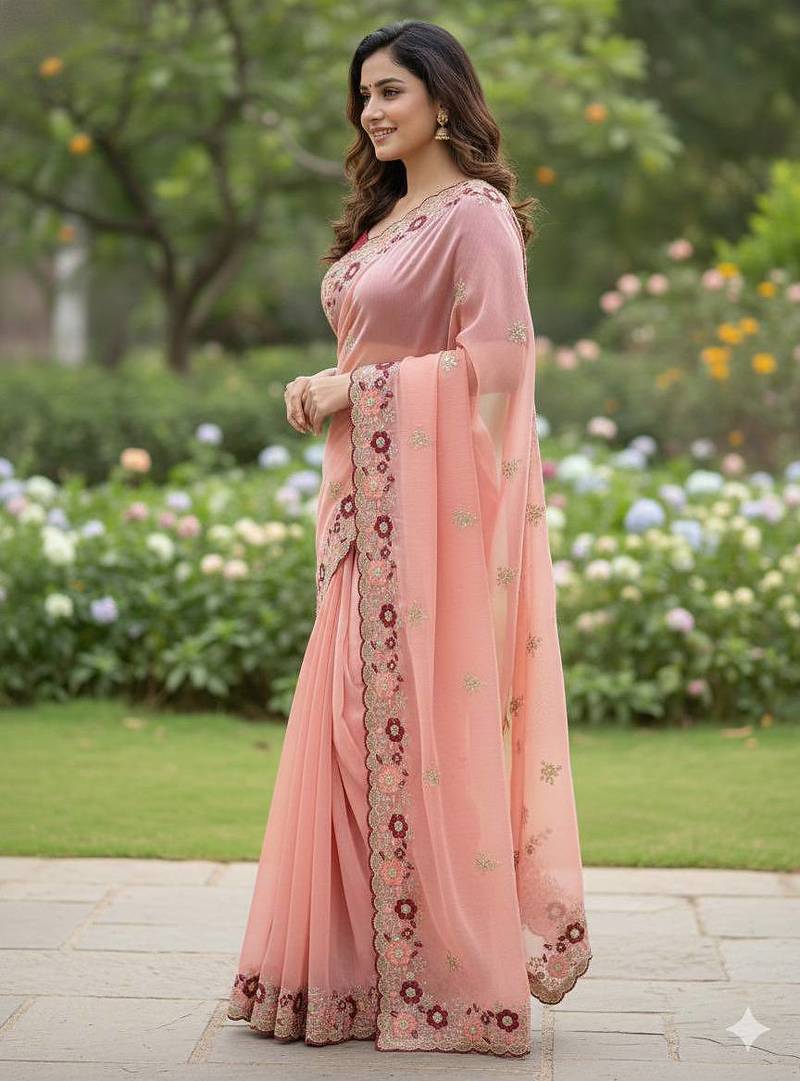peach embroidery work organza saree