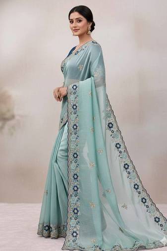 sky blue embroidery work organza saree