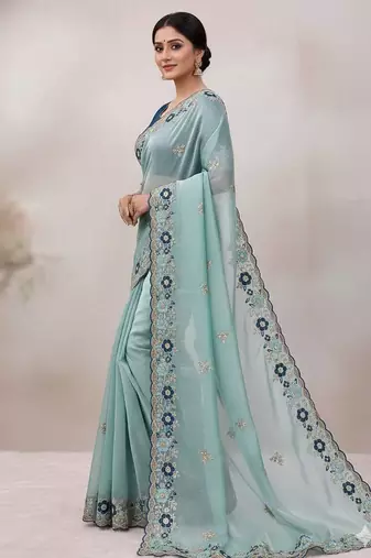 sky blue embroidery work organza saree