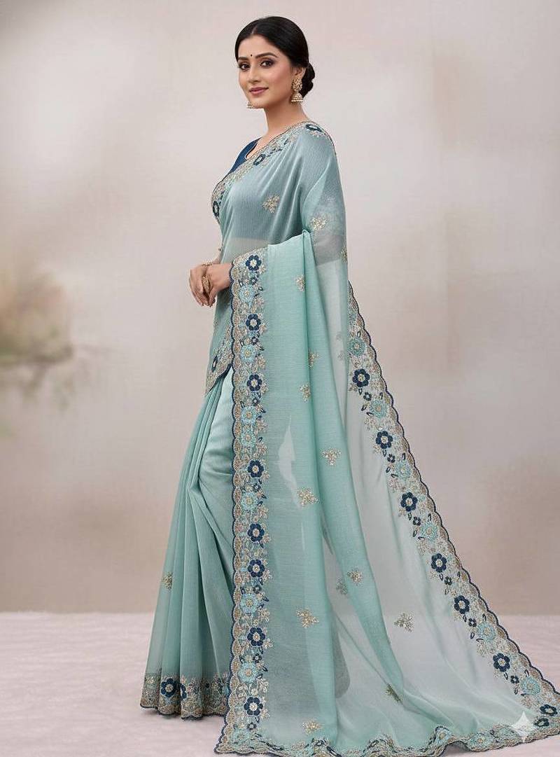 sky blue embroidery work organza saree