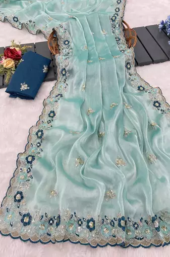 sky blue embroidery work organza saree