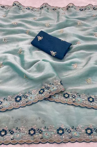 sky blue embroidery work organza saree