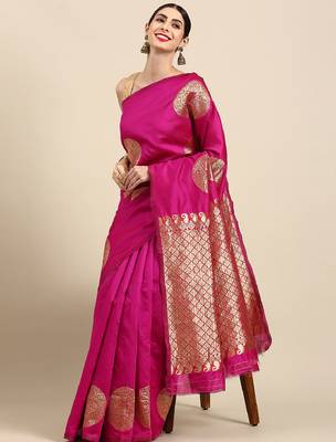 Pink silk blend banarasi saree with unstitched blouse piece 1