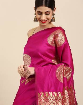 Pink silk blend banarasi saree with unstitched blouse piece 2