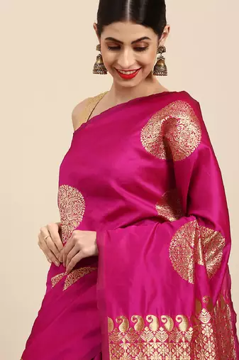 Pink silk blend banarasi saree with unstitched blouse piece