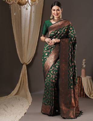 Green silk blend banarasi saree with unstitched blouse piece 1