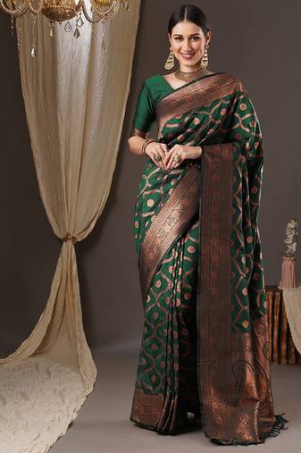 Green soft silk blend banarasi jacuard work designer party wear saree with unstitched blouse piece
