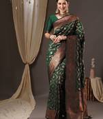 Green soft silk blend banarasi jacuard work designer party wear saree with unstitched blouse piece