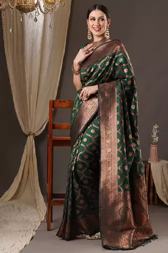 Green silk blend banarasi saree with unstitched blouse piece