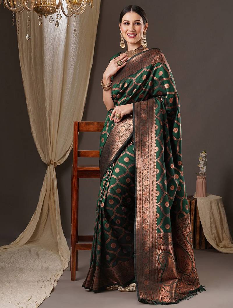 Green soft silk blend banarasi jacuard work designer party wear saree with unstitched blouse piece