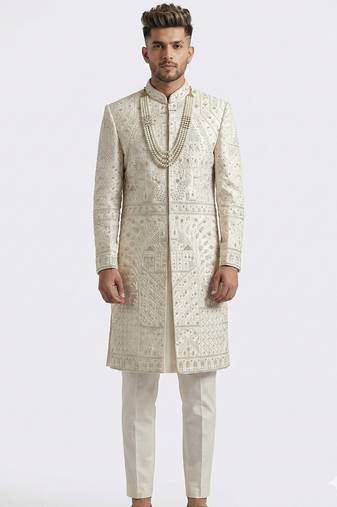 Ivory zardosi & peacock motif hand-embroidered raw silk sherwani mandarin collar