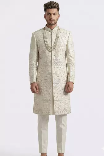 Ivory zardosi & peacock motif hand-embroidered raw silk sherwani mandarin collar