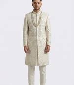 Ivory zardosi & peacock motif hand-embroidered raw silk sherwani mandarin collar
