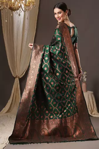Green silk blend banarasi saree with unstitched blouse piece