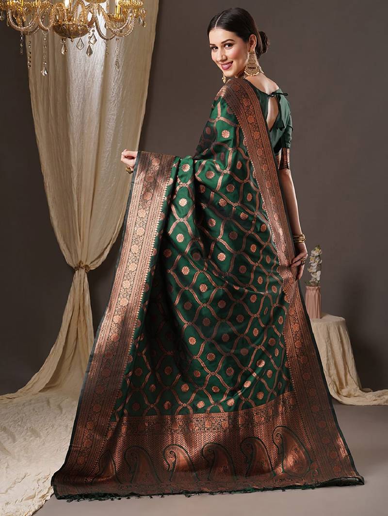 Green soft silk blend banarasi jacuard work designer party wear saree with unstitched blouse piece
