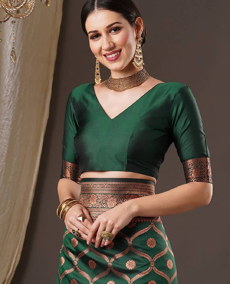 Green soft silk blend banarasi jacuard work designer party wear saree with unstitched blouse piece