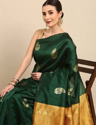Green yellow silk blend banarasi saree with unstitched blouse piece 1