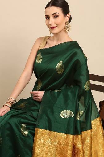 Green yellow soft silk blend banarasi jacuard work designer party wear saree with unstitched blouse piece