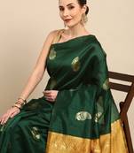 Green yellow soft silk blend banarasi jacuard work designer party wear saree with unstitched blouse piece