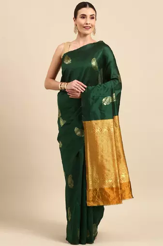 Green yellow silk blend banarasi saree with unstitched blouse piece