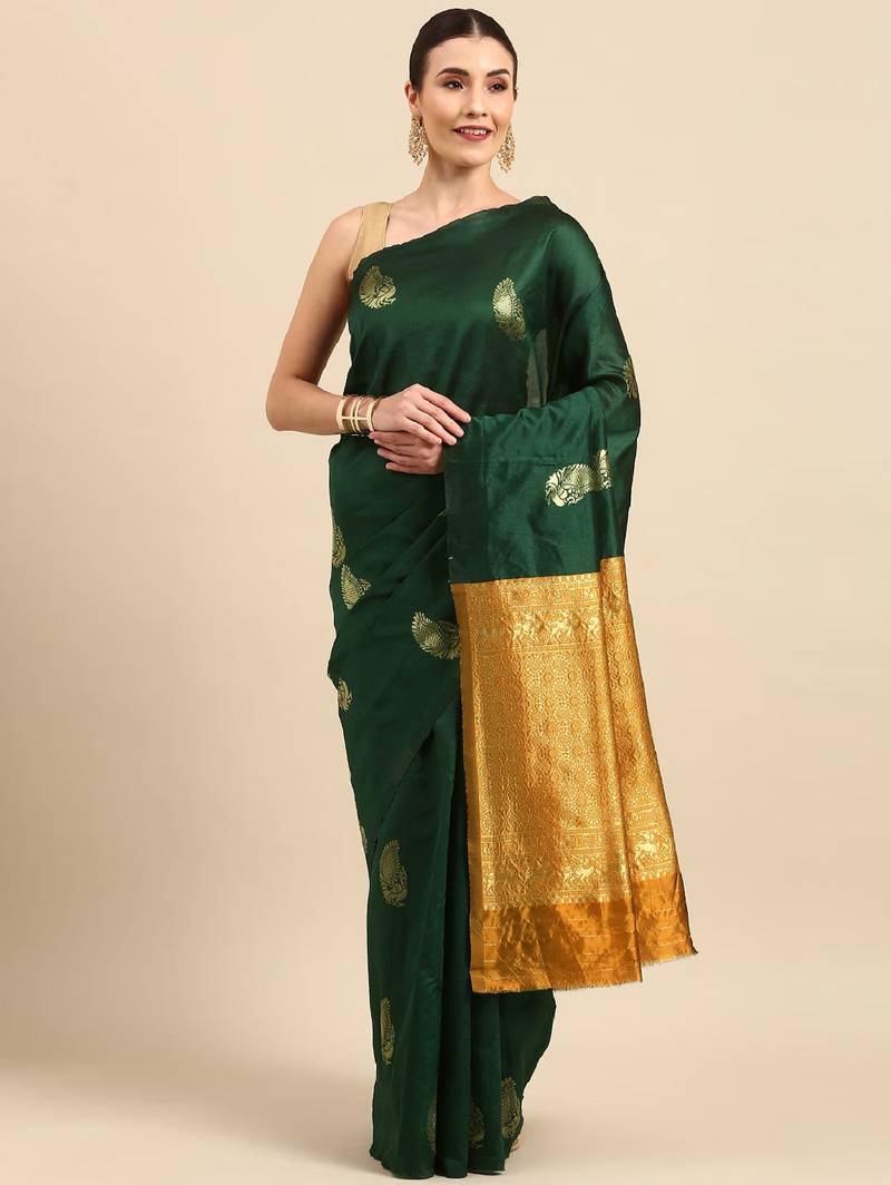 Green yellow soft silk blend banarasi jacuard work designer party wear saree with unstitched blouse piece
