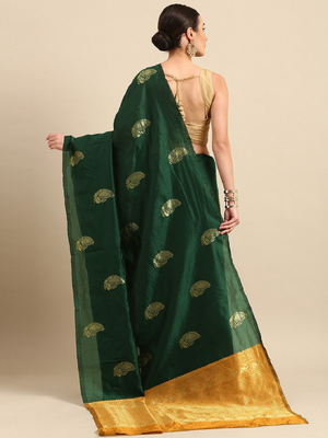 Green yellow silk blend banarasi saree with unstitched blouse piece 3