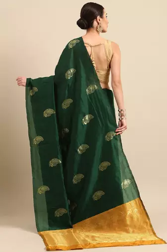 Green yellow silk blend banarasi saree with unstitched blouse piece
